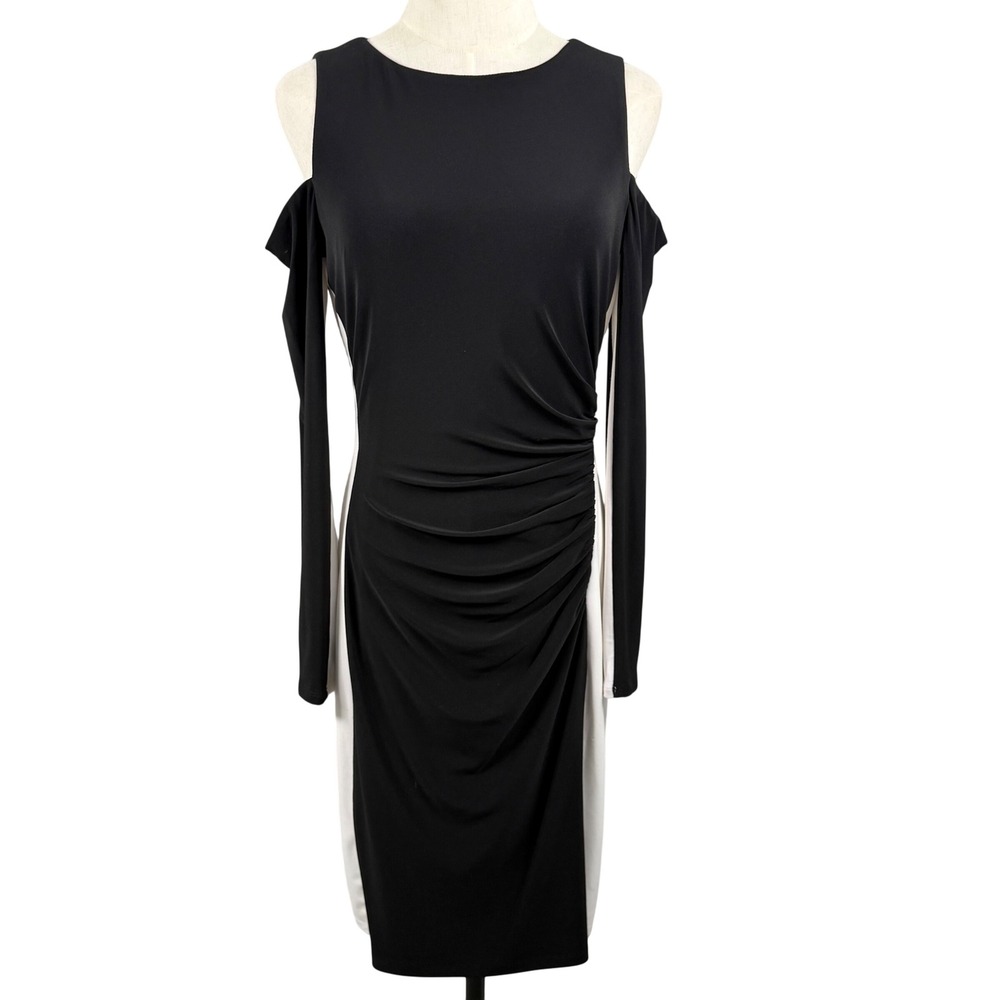 Lauren Ralph Lauren 8 Bodycon Sheath Dress Black White Cold Shoulder Ruched Luxe